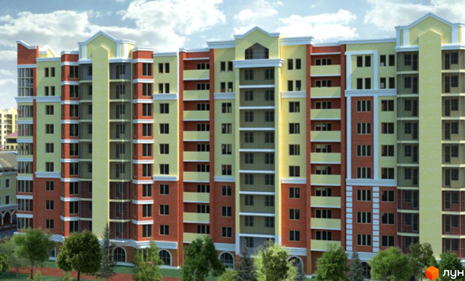 Фасад багатоповерхового житлового комплексу на вулиці Київській / вулиці Тарнавського, з цегляними та жовтими елементами. Навколо будинку зелені дерева та хмарне небо.