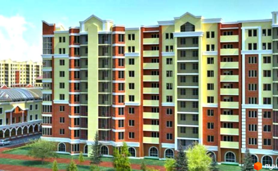 Фасад багатоповерхового будинку з цегляною та світлою облицовкою, вікнами та балконами. Навколо зелена територія з деревами та газоном.