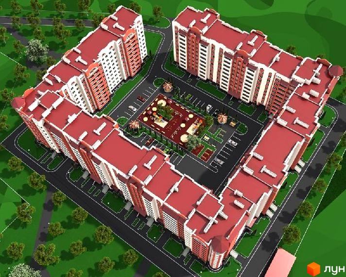 Житловий комплекс Острозький. Комплекс з червоним дахом та біло-червоними фасадами, розташований навколо внутрішнього двору з дитячим майданчиком та парковкою.