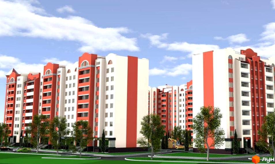 Житловий комплекс Острозький: багатоповерхові будинки з червоно-білими фасадами та арковими вікнами. На прибудинковій території зелені насадження та дитячий майданчик.