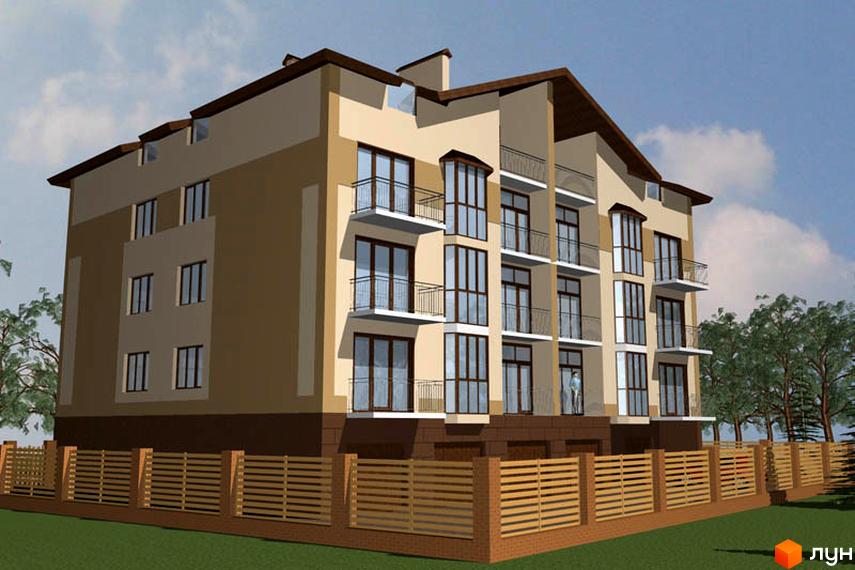 Житловий комплекс на вул. Ударна, 26а: багатоповерховий будинок бежево-коричневого кольору з балконами та дерев'яним парканом навколо.