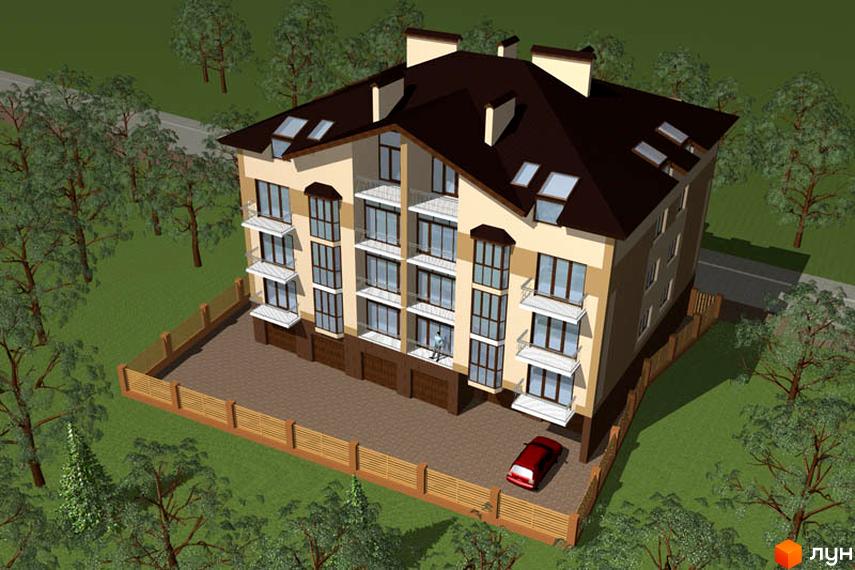 Житловий комплекс на вул. Ударна, 26а: багатоповерховий будинок з балконами та темним дахом, оточений зеленою територією з огорожею та деревами.