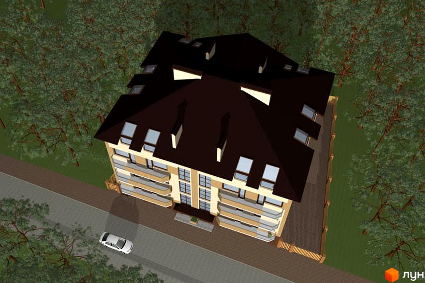 Житловий комплекс на вул. Ударна, 26а: багатоповерховий будинок з бежевим фасадом, темно-коричневим дахом, балконами, оточений деревами.