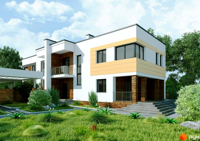 Будинок Котеджного містечка Нова стріт з білим фасадом, жовтими елементами та цегляними вставками. Навколо доглянутий газон та зелені насадження.