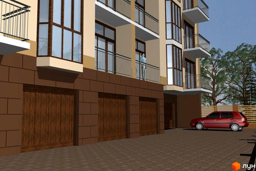 Комплекс на вул. Ударна, 26а: бежева будівля з великими вікнами, балконами та дерев'яними гаражами. Брукована територія з припаркованим авто.