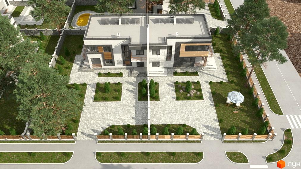 Котеджне містечко Нова стріт: двоповерхові будинки з комбінованими фасадами, великими вікнами. Прибудинкова територія з мощенням, газонами, деревами, басейном та альтанкою.