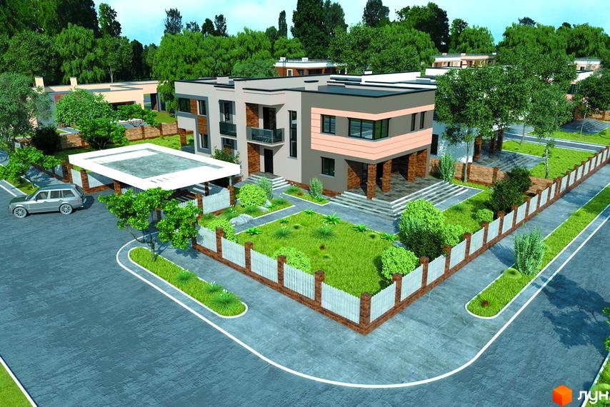 Котеджне містечко Нова стріт: двоповерховий будинок з сіро-персиковим фасадом та балконами, оточений доглянутими газонами та парковкою.