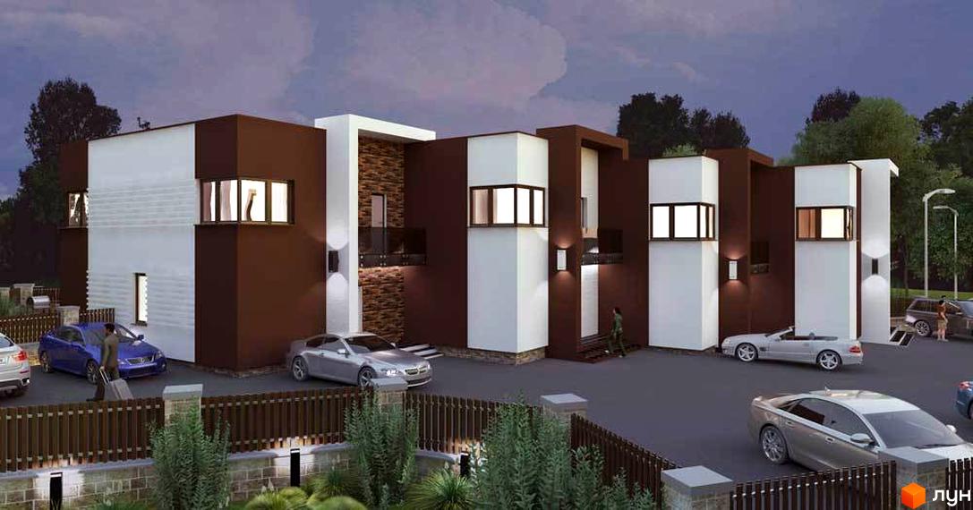 Котеджне містечко Нова стріт: ряд будинків з коричневими та білими фасадами, великими вікнами. Перед будинками парковка з автомобілями та зелені насадження.