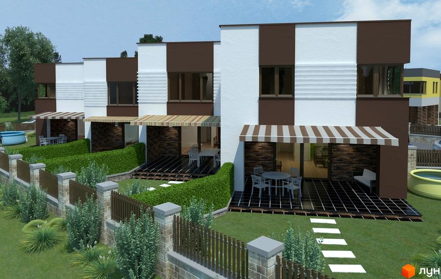 Ряд котеджів Котеджного містечка Нова стріт з коричнево-білими фасадами, великими вікнами та терасами. Прибудинкова територія має зелені газони та доглянуті насадження.