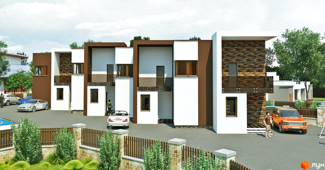 Котеджне містечко Нова стріт: ряд двоповерхових котеджів з біло-коричневими фасадами та цегляними вставками. Перед будинками є парковка та огорожа з зеленими насадженнями.