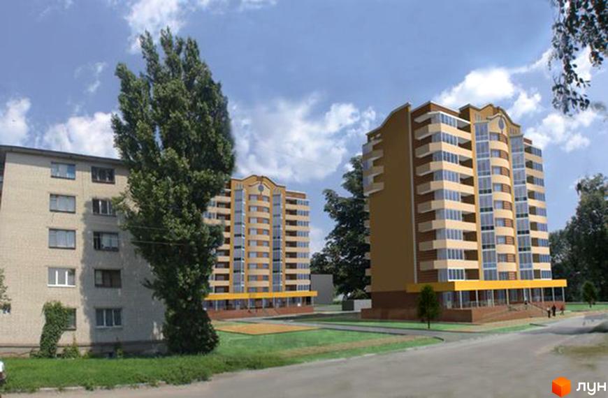 Зовнішній вигляд житлового комплексу на вул. Юліана Матвійчука, 141. На зображенні видно два багатоповерхових будинки, один з яких має світло-сірий фасад, а інший - жовто-коричневий. Навколо будинків розташована зелена зона з деревами та газоном.