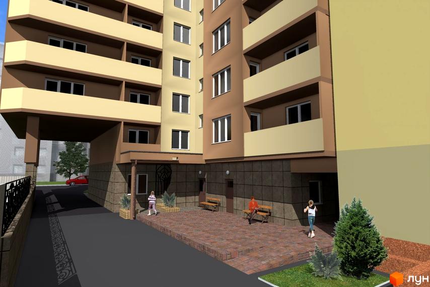 Зовнішній вигляд житлового комплексу Особняк-К з балконами та вікнами. Прибудинкова територія з лавочками та зеленими насадженнями.