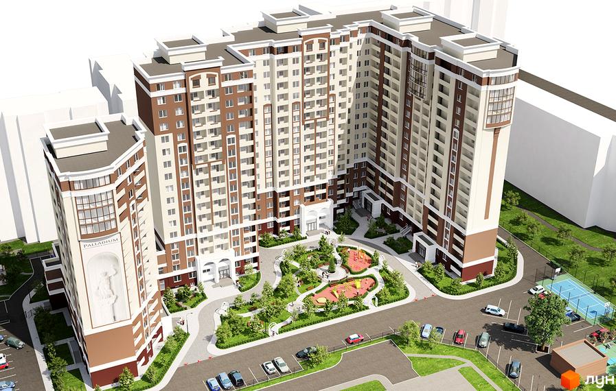 Житловий комплекс Palladium – це сучасна новобудова з коричнево-білим фасадом та великими вікнами. На прибудинковій території розташовані дитячий майданчик, зони відпочинку та парковка.