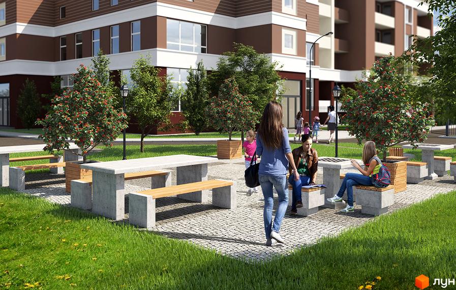 Житловий комплекс Palladium: фасади будівель та облаштована прибудинкова територія з місцями для відпочинку та зеленими насадженнями.