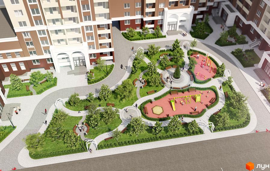Житловий комплекс Palladium: вид зверху на новобудову з дитячими майданчиками та зонами відпочинку. Територія комплексу озеленена деревами та облаштована лавками.