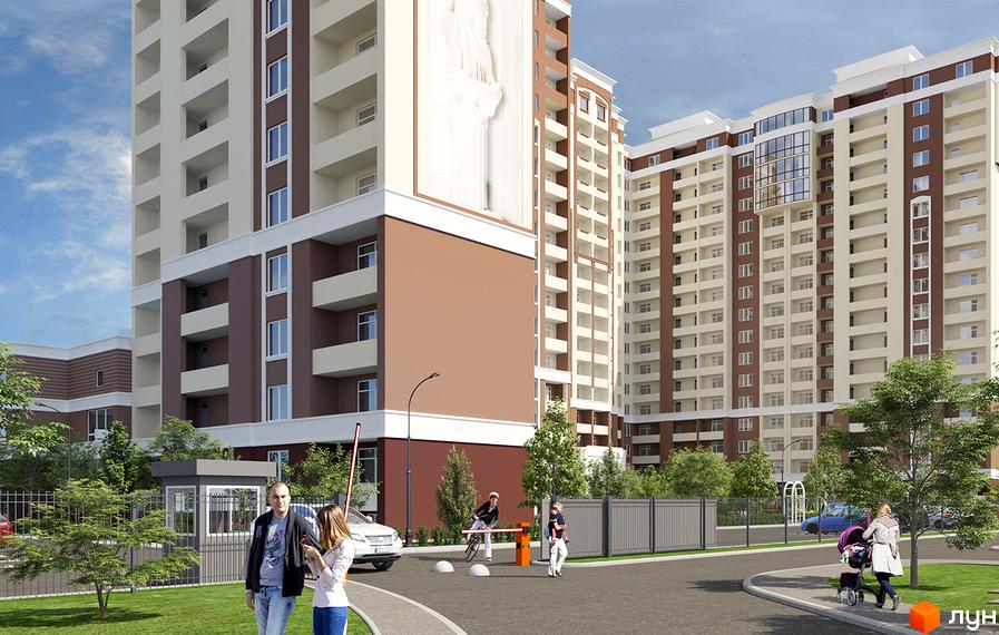 Житловий комплекс Palladium: висотні будинки з коричневими та світлими фасадами, балконами та великими вікнами. Прибудинкова територія з дорогою, парканом та зеленими насадженнями.