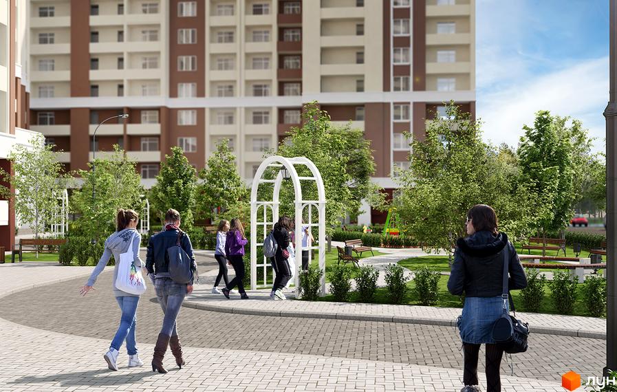 Житловий комплекс Palladium: сучасна багатоповерхова будівля з елементами коричневого та бежевого кольорів. На прибудинковій території розташовані зелені насадження, арка та місця для відпочинку.