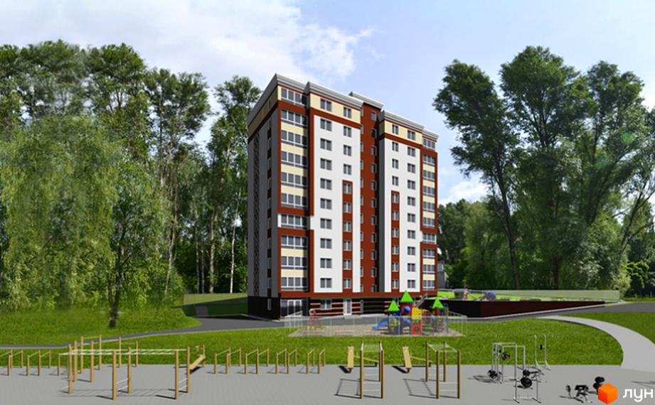 Висотна новобудова з білими та коричневими фасадами на фоні зелені. На прибудинковій території розташований дитячий майданчик та спортивні тренажери.