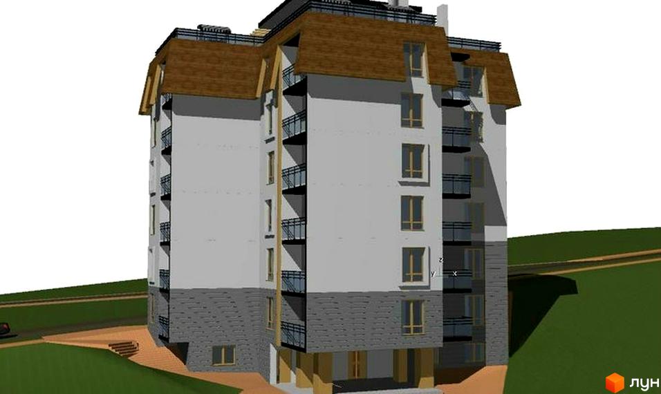 Зображення будинку Житловий комплекс по вул. Стефаника, 4. Багатоповерхова будівля з балконами та терасами. Навколо будинку зелена територія.