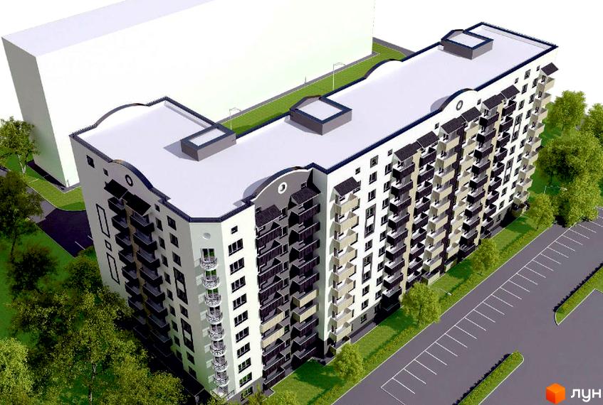 Зовнішній вигляд будинку за адресою бул. Боровиковського, 4. Навколо будинку розташована прибудинкова територія з деревами та парковкою.