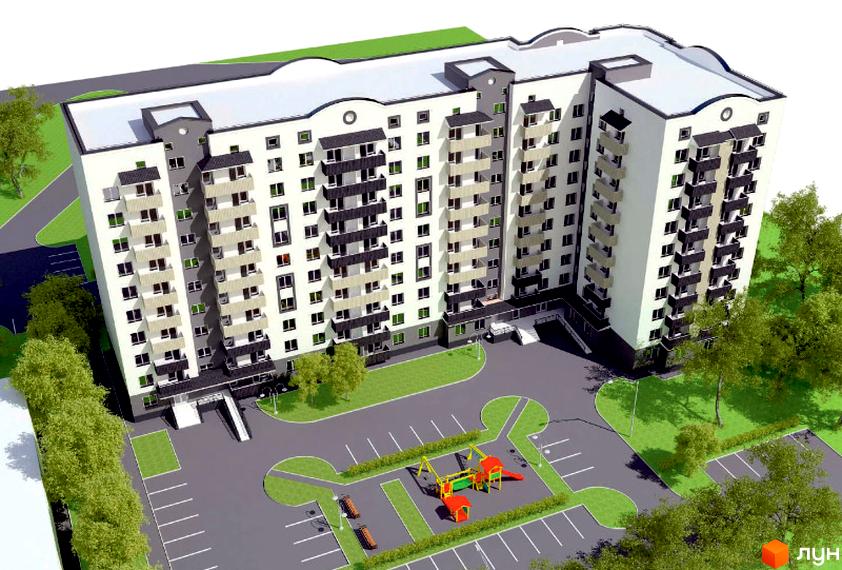 Зовнішній вигляд багатоповерхового будинку з балконами та парковкою. На прибудинковій території розташований дитячий майданчик та зелені насадження.