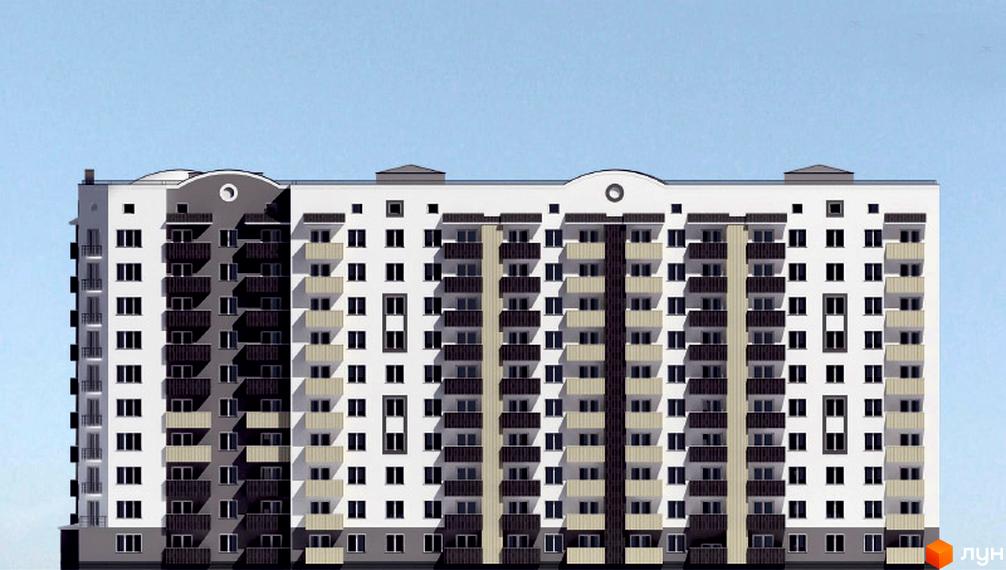 Фасад житлового комплексу на бул. Боровиковського, 4. Багатоповерховий будинок з балконами та вікнами, виконаний у світлих тонах з темними акцентами.