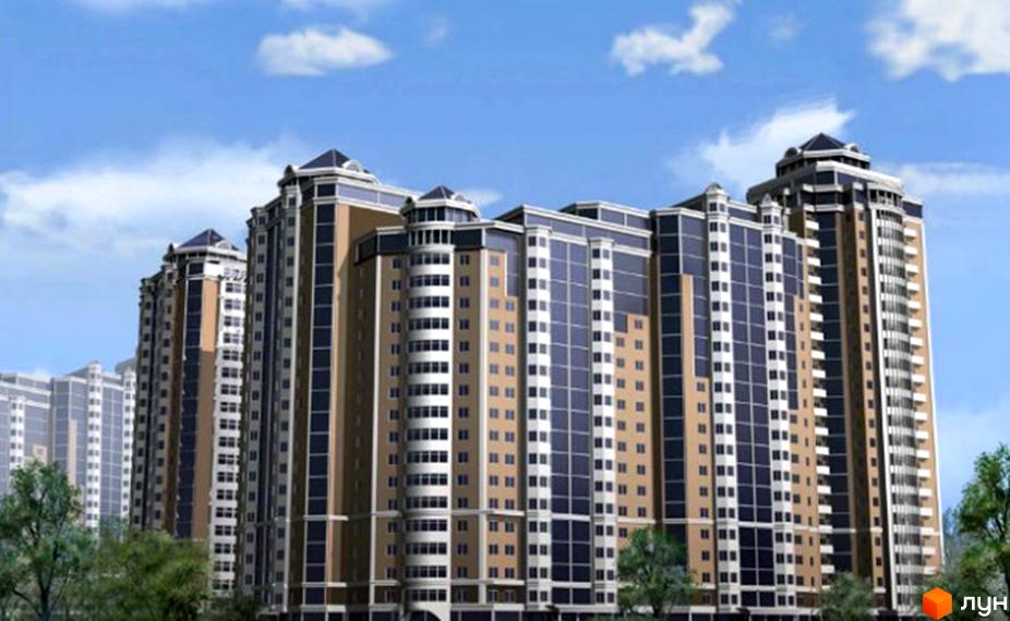 Житловий комплекс Космополітен - сучасна багатоповерхова новобудова з панорамним склінням та виразним фасадом. Навколо комплексу зелені насадження та дерева.