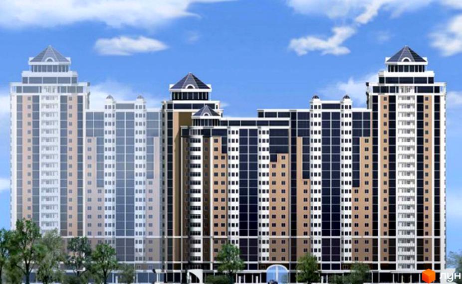 Житловий комплекс Космополітен - це сучасна архітектура з високими вежами та панорамними вікнами. Навколо комплексу зелені насадження та дерева.