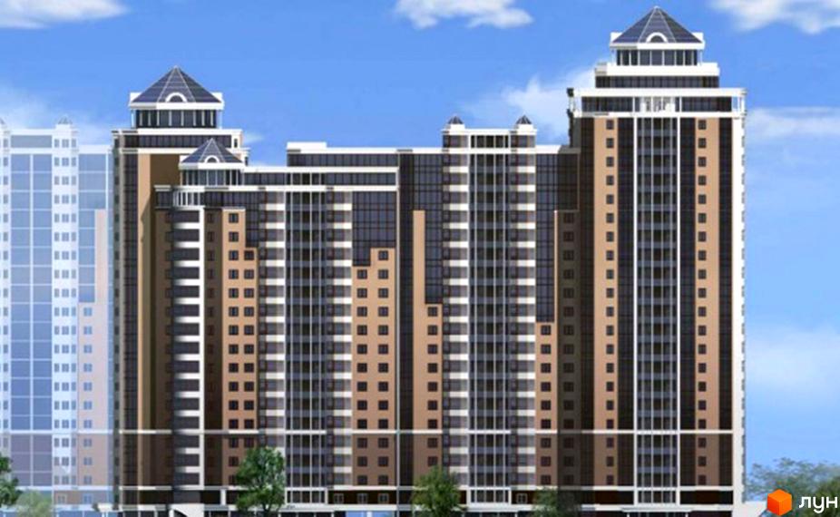 Житловий комплекс Космополітен – висотна будівля з багатоповерховими секціями, скляними фасадами та пірамідальними дахами. Навколо видно зелені насадження.