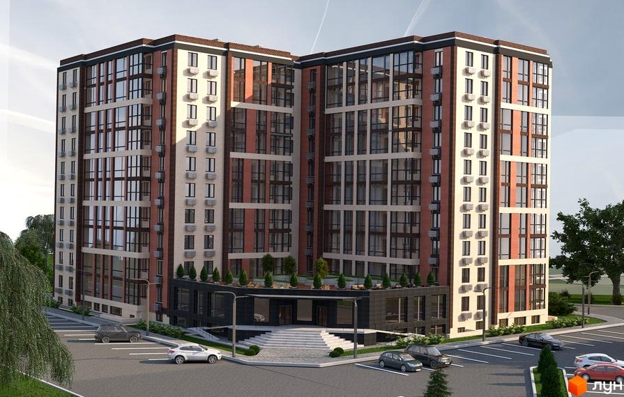 Зовнішній вигляд новобудови ЖК Одеська Чайка (Плієва) з цегляним та світлим фасадом, великими вікнами та кондиціонерами. Прибудинкова територія з парковкою та зеленими насадженнями.