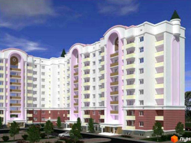 Зображення багатоповерхового будинку в Житловому комплексі Чабани. На передньому плані зелені дерева та доглянута територія.