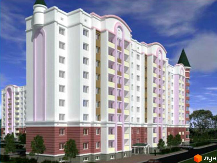 Зображення фасаду Житлового комплексу Чабани. Багатоповерховий будинок з балконами та декоративними елементами, зелені насадження навколо.