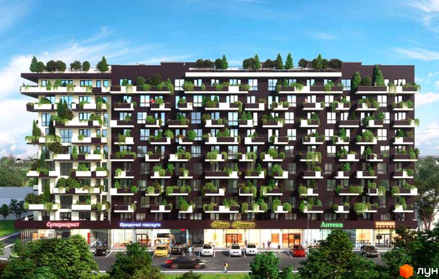 Житловий комплекс Панська Вертикаль - багатоповерховий будинок з численними балконами, прикрашеними зеленню. На першому поверсі розташовані комерційні приміщення, перед будинком облаштований паркінг.