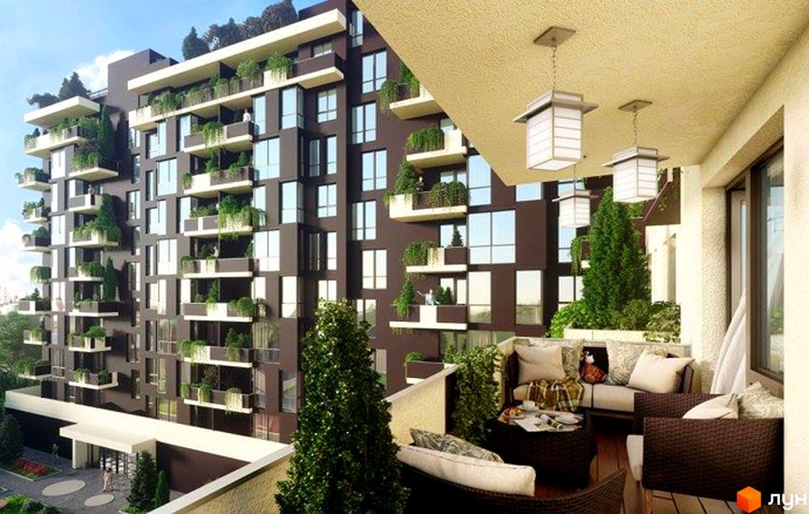 Житловий комплекс Панська Вертикаль з балконами, засадженими зеленню. На фото також зображено затишний балкон з меблями та освітленням.