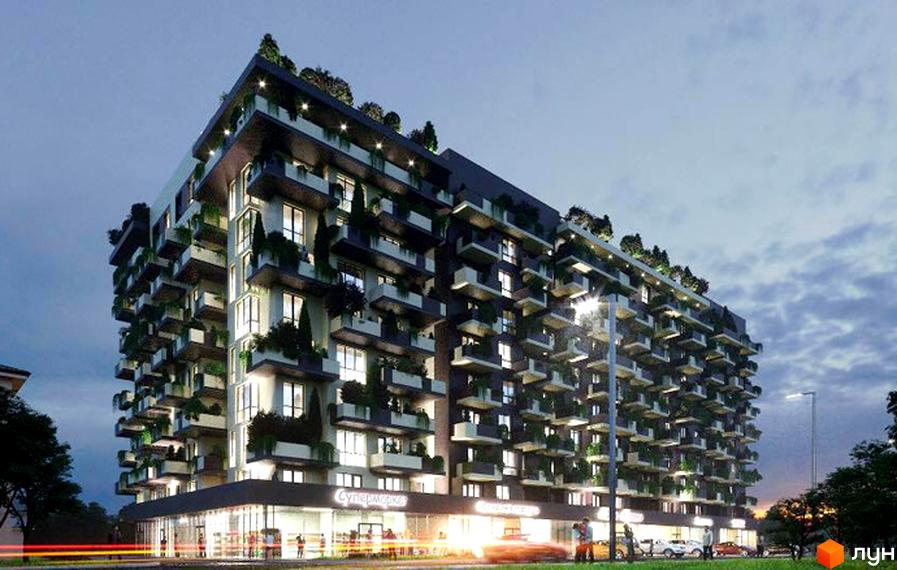 Новобудова Панська Вертикаль з численними балконами та зеленню на фасадах. Перший поверх займають комерційні приміщення.