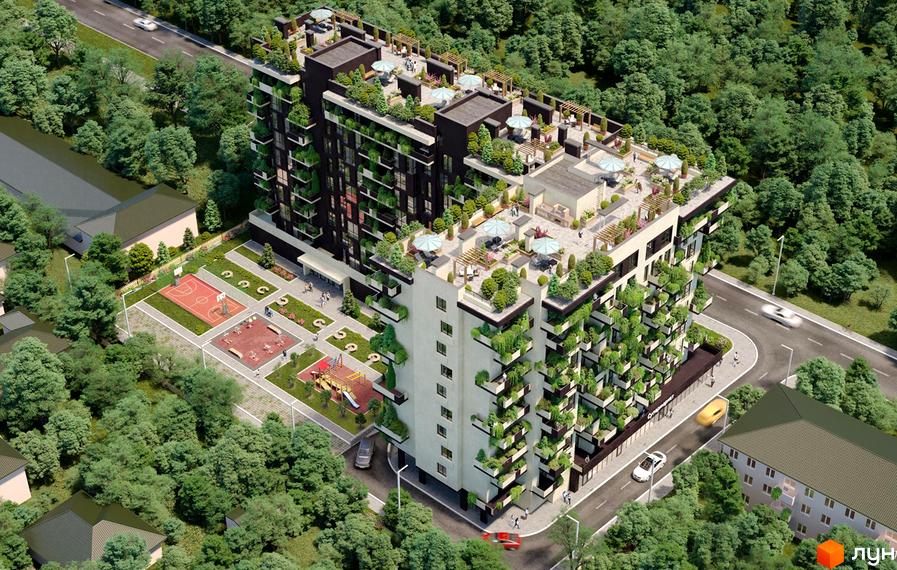 Житловий комплекс Панська Вертикаль з зеленими фасадами та терасами на даху. На прибудинковій території розташовані спортивні майданчики та дитячі зони.