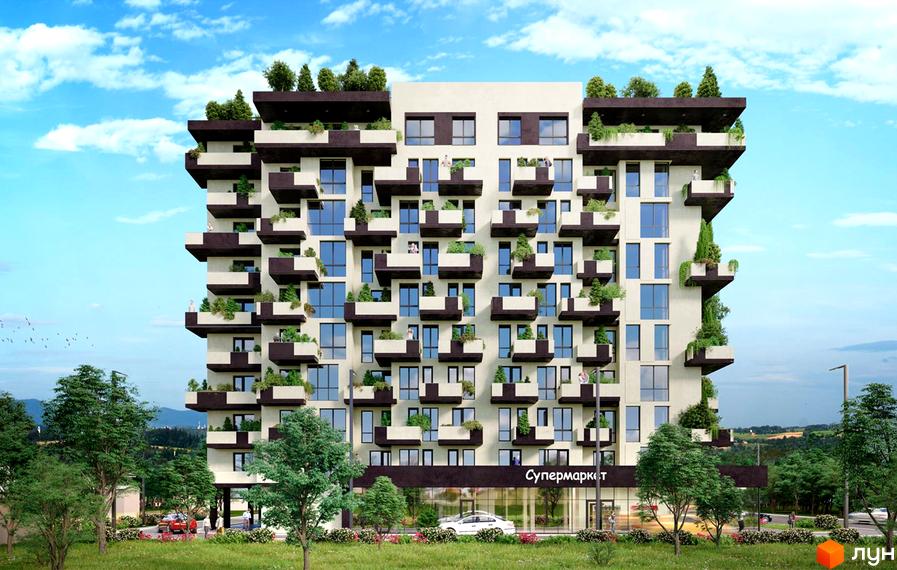 Житловий комплекс Панська Вертикаль – багатоповерхова новобудова з численними балконами та зеленими насадженнями. Навколо будинку розташовані дерева та доглянута прибудинкова територія.