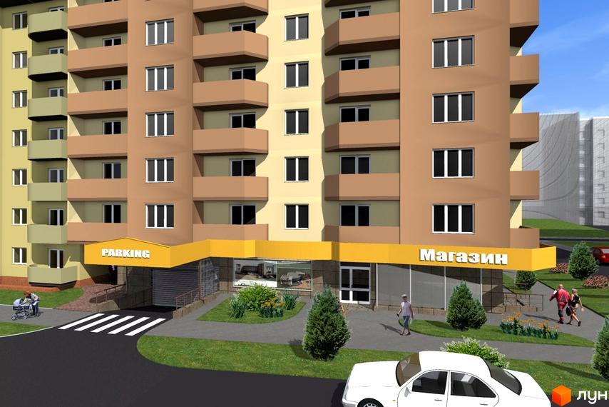 Зовнішній вигляд багатоповерхового будинку ЖК Особняк-К з балконами та вікнами. Прибудинкова територія з парковкою, магазином та зеленими насадженнями.