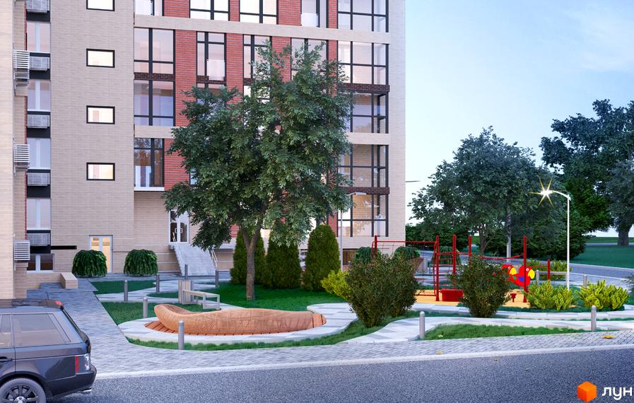 Новобудова ЖК Одеська Чайка (Плієва) з цегляним фасадом та великими вікнами. Прибудинкова територія з дитячим майданчиком, зеленими насадженнями та місцями для відпочинку.