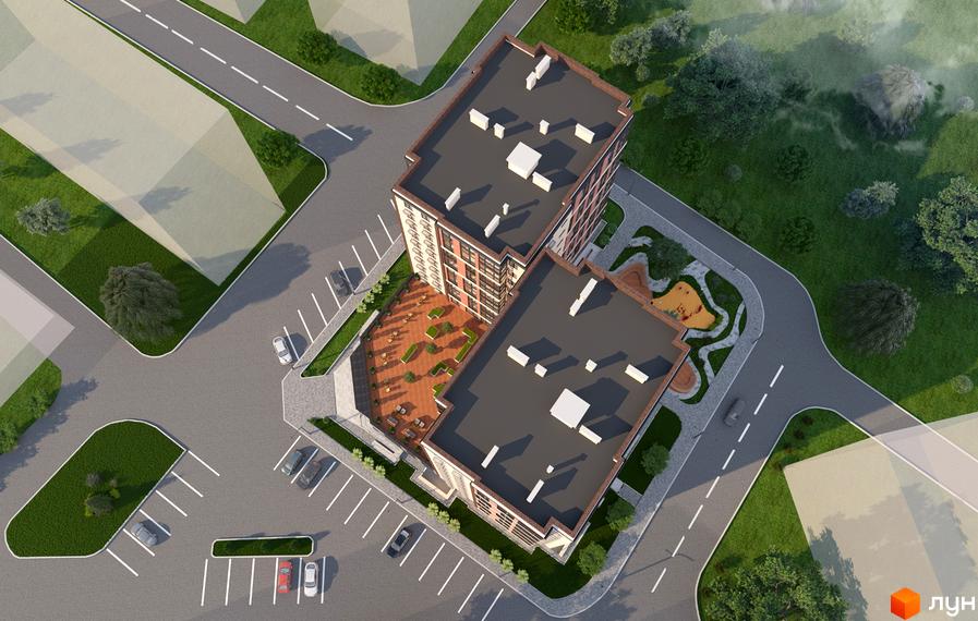 Новобудова ЖК Одеська Чайка (Плієва) з парковкою та дитячим майданчиком. Вид зверху на будівлю та прибудинкову територію з зеленими зонами.