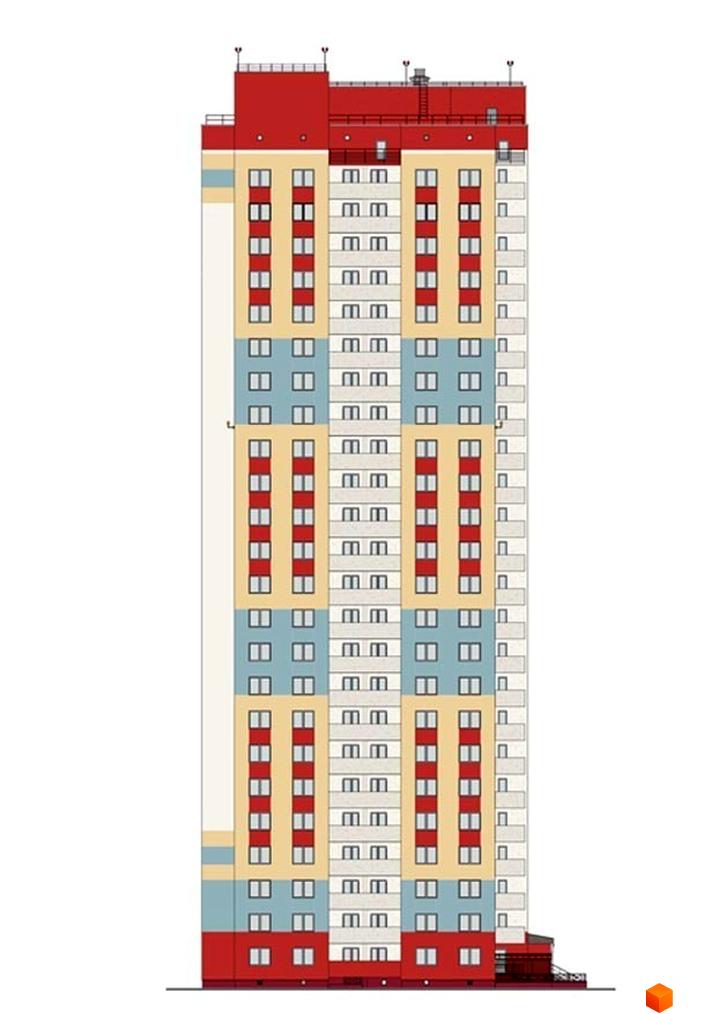 Зовнішній вигляд багатоповерхового будинку ЖК Еврика з червоним дахом та різнокольоровими фасадами. Візуалізація новобудови.