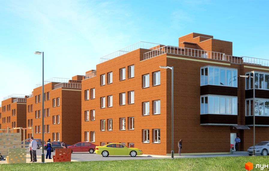 Цегляні будинки Житлового комплексу Затишний Хотів з білими вікнами та скляними балконами. Навколо будівель є парковка, зелена зона та дитячий майданчик.