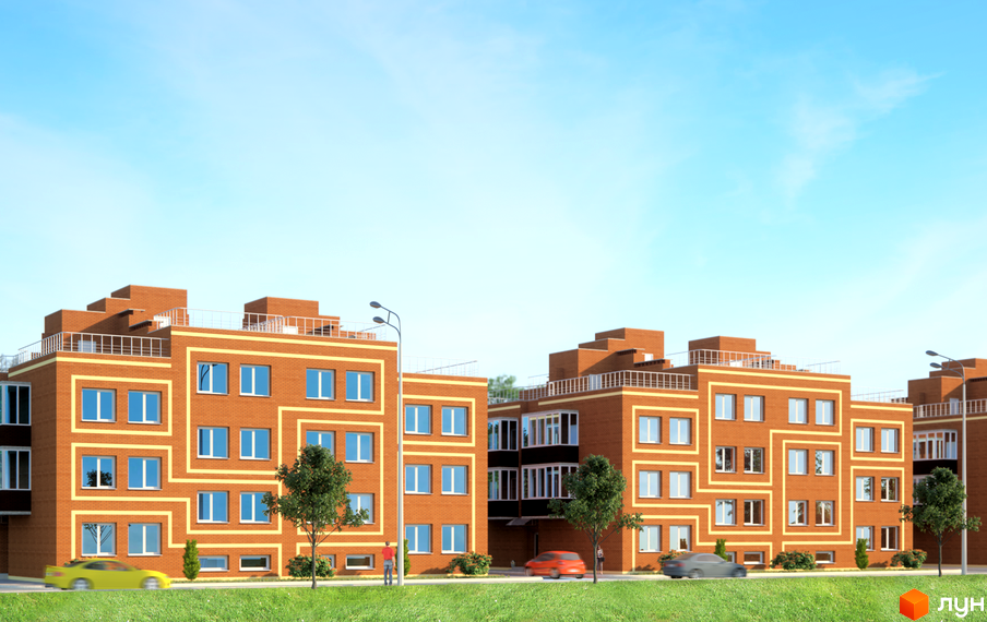 Житловий комплекс Затишний Хотів: цегляні будинки з жовтими декоративними лініями та синіми вікнами, зелена прибудинкова територія з деревами та автомобілями.