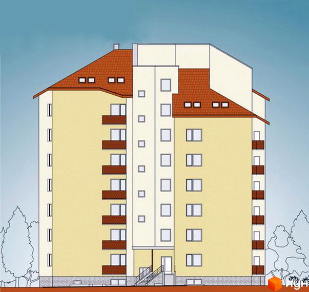 Багатоповерховий житловий будинок світло-жовтого кольору з коричневим дахом та балконами. Зображення новобудови за адресою вул. Річицька, 9 з прибудинковою територією.