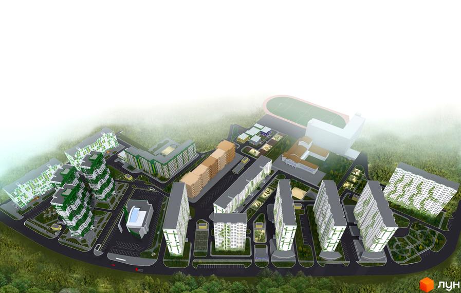 Житловий комплекс ЖМ Острови з висотними будинками та прибудинковою територією, що включає парковки та зелені зони.