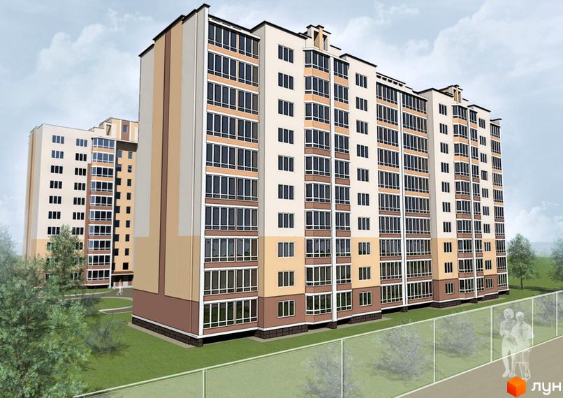 Зовнішній вигляд новобудови на вул. Академіка Янгеля (Фрунзе). Будинок має багатоповерхову структуру з численними вікнами та балконами, оздоблений світлими та темними фасадами. Навколо будинку розташована зелена зона з деревами та доріжками.