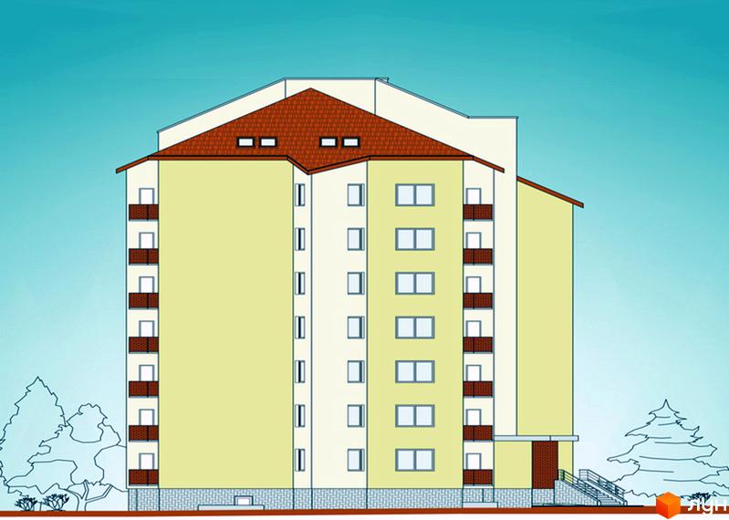 Багатоповерховий житловий комплекс світло-жовтого кольору з коричневим дахом та балконами. Будівля на вул. Річицька, 9, оточена деревами.