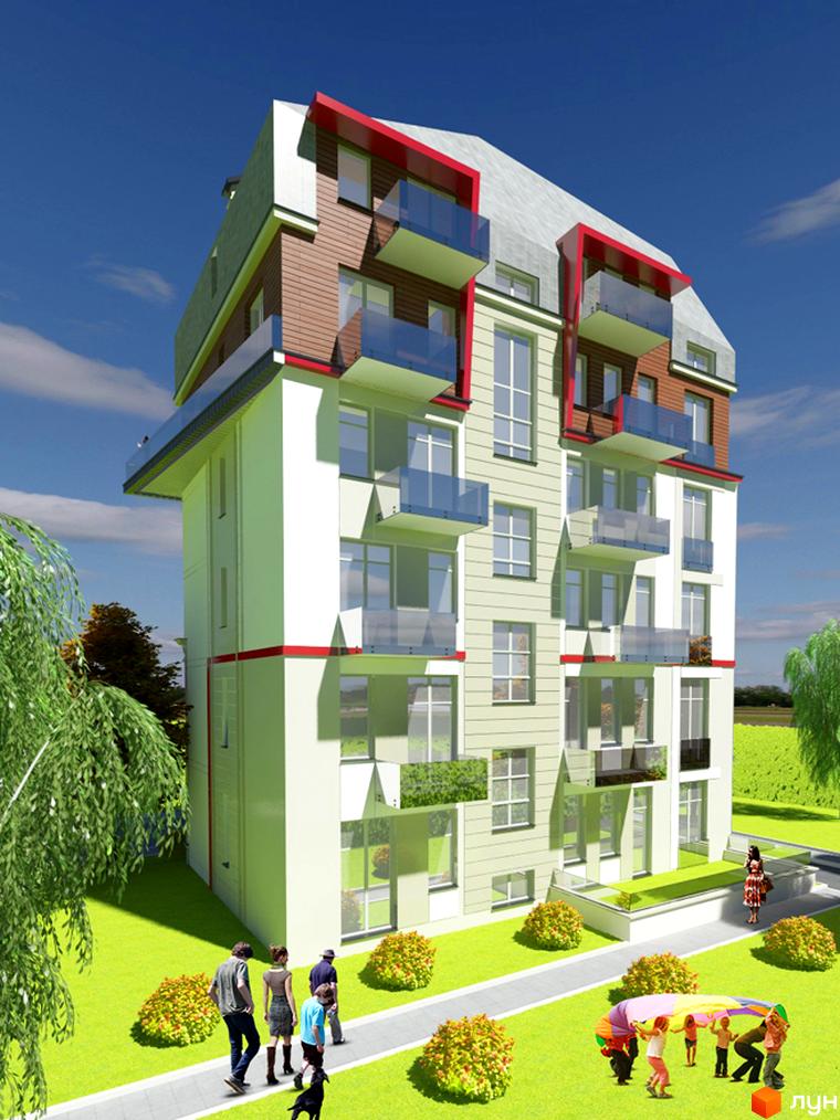 Зовнішній вигляд житлового комплексу Варшава Хоум з балконами та вікнами. На прибудинковій території видно зелену галявину, кущі та людей, що граються з парашутом.