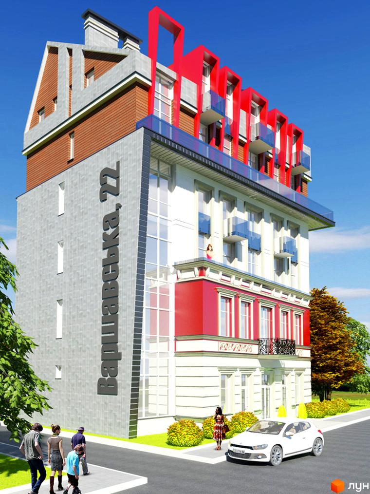 Зовнішній вигляд новобудови ЖК Варшава Хоум з червоними елементами та скляними балконами. На прибудинковій території видно зелені насадження та білий автомобіль.