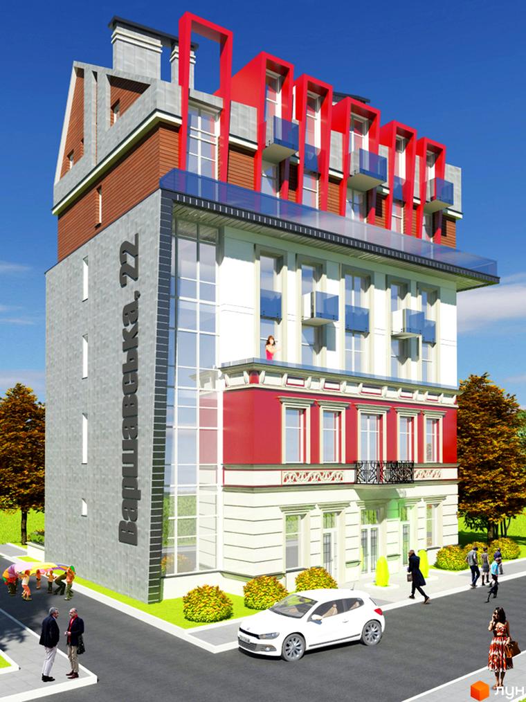 Зовнішній вигляд житлового комплексу Варшава Хоум з червоними та сірими елементами фасаду, скляними балконами та прибудинковою територією з деревами та людьми.